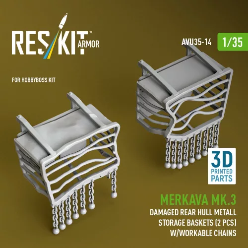Reskit - Merkava Mk.3 damaged rear hull metall storage baskets (2 pcs) w/workable chains for HobbyBoss kit (3D Printed)