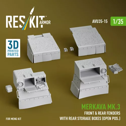 Reskit - Merkava Mk.3 front & rear fenders with rear storage boxes (open pos.) for Meng kit (3D Printed)