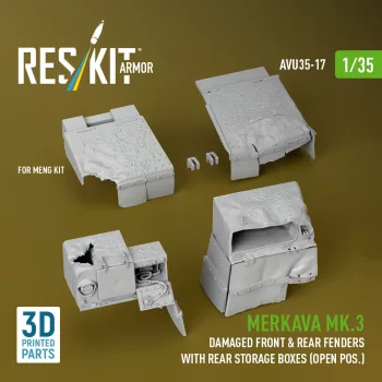   Reskit - Merkava Mk.3 damaged front & rear fenders with rear storage boxes (open pos.) for Meng kit (3D Printed)