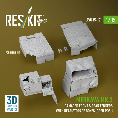 Reskit - Merkava Mk.3 damaged front & rear fenders with rear storage boxes (open pos.) for Meng kit (3D Printed)