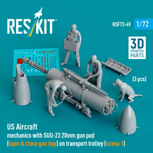 Reskit - US Aircraft mechanics with SUU-23 20mm gun pod (open & close gun bay) on transport trolley (scene 1) (3 pcs) (3D Printed)