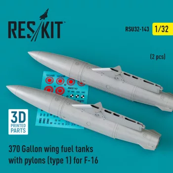   Reskit - 370 Gallon wing fuel tanks with pylons (type 1) for F-16 (A/B/C/D/E/F/I) (2 pcs) (3D Printed)