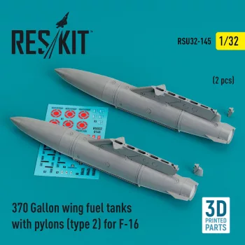   Reskit - 370 Gallon wing fuel tanks with pylons (type 2) for F-16 (A/B/C/D/E/F/I) (2 pcs) (3D Printed)