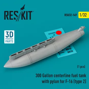   Reskit - 300 Gallon centerline fuel tank with pylon for F-16 (A/B/C/D/E/F/I) (type 2) (1 pcs) (3D Printed)