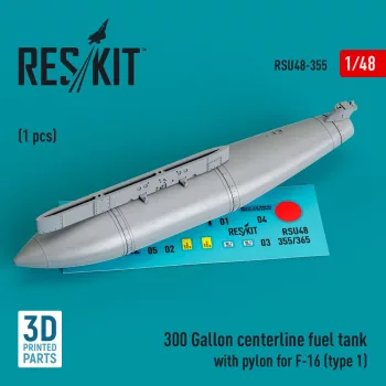   Reskit - 300 Gallon centerline fuel tank with pylon for F-16 (A/B/C/D/E/F/I) (type 1) (1 pcs) (3D Printed)