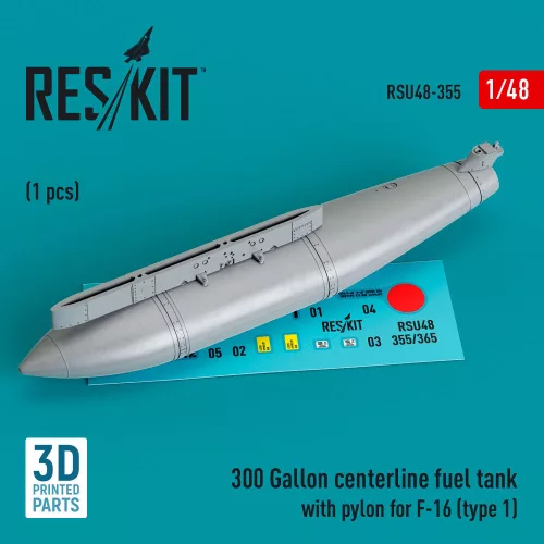 Reskit - 300 Gallon centerline fuel tank with pylon for F-16 (A/B/C/D/E/F/I) (type 1) (1 pcs) (3D Printed)