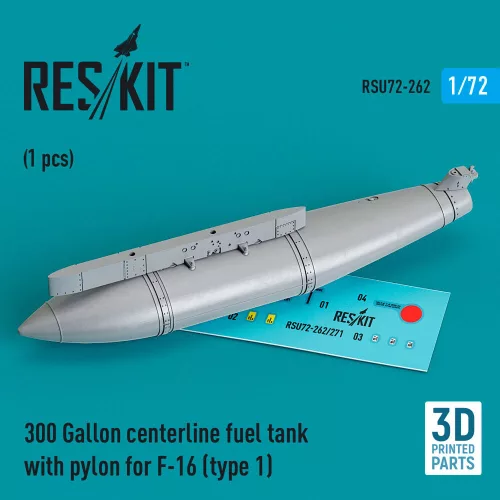 Reskit - 300 Gallon centerline fuel tank with pylon for F-16 (A/B/C/D/E/F/I) (type 1) (1 pcs) (3D Printed)