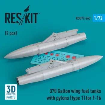   Reskit - 370 Gallon wing fuel tanks with pylons (type 1) for F-16 (A/B/C/D/E/F/I) (2 pcs) (3D Printed)