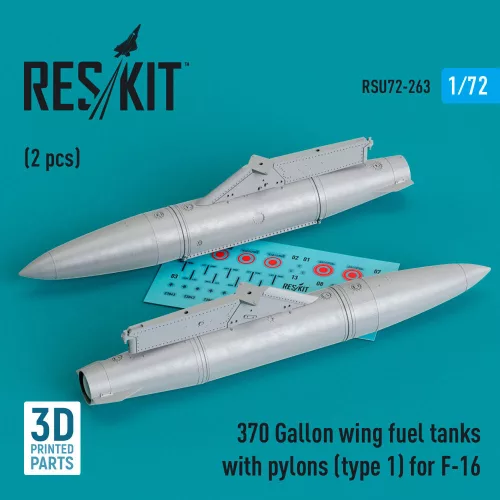 Reskit - 370 Gallon wing fuel tanks with pylons (type 1) for F-16 (A/B/C/D/E/F/I) (2 pcs) (3D Printed)