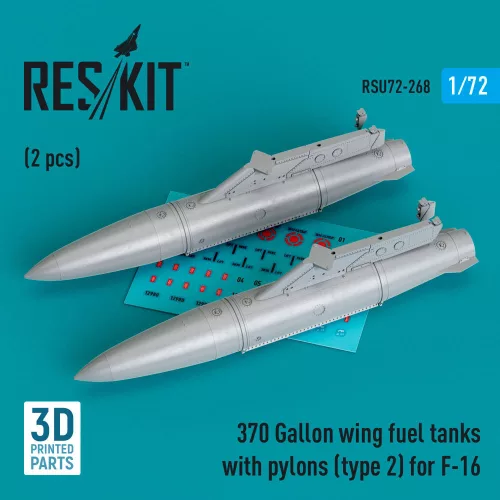 Reskit - 370 Gallon wing fuel tanks with pylons (type 2) for F-16 (A/B/C/D/E/F/I) (2 pcs) (3D Printed)