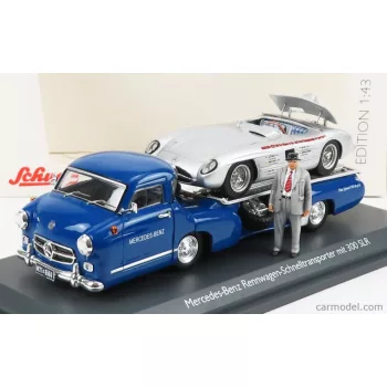   Schuco - Mercedes Benz Racing Car Transporter Truck Rennwagen 1955 With 300 Slr Spider Blue Silver