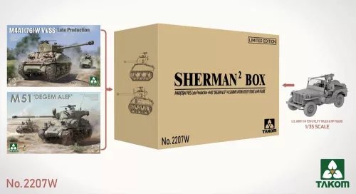 Takom - SHERMAN² BOX M4A1(76W) VVSS Late Production+M51 DEGEM ALEF+US ARMY 1/4TON UTILITY TRUCK & MP FIGURE