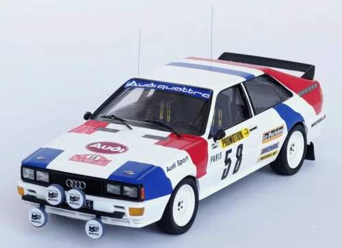 Trofeu - AUDI QUATTRO (night version) N 58 RALLY MONTECARLO 1983 JACQUES BRIY - JACQUES HENUSET WHITE BLUE RED