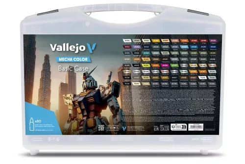 Vallejo - Mecha Color. Includes: 73 Mecha Color 3 Mecha Varnish 1 Airbrush Thinner 1 Airbrush Flow Improver 1 Decal Softener 1 medium and a color chart.