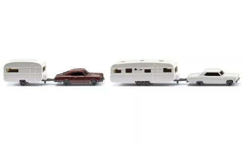 Wiking - - 2er Set: Wohnwagengespanne, weiss/dunkelrot, 1966, 1:160