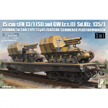   Zimi Model - 15 cm sFH 13/1 (Sf)auf Gw Lrs.(f )Sd.Kfz.135/1 with German 50 Ton Type SSy45 Flatcar Schwerer Platformwagen [3 in 1]